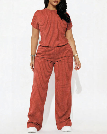 Women’s Ribbed Set – Top & Wide-Leg Pants, Casual Wear