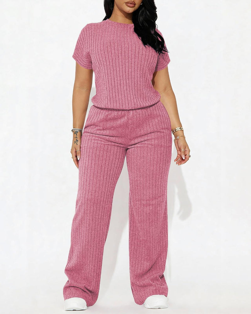 Women’s Ribbed Set – Top & Wide-Leg Pants, Casual Wear
