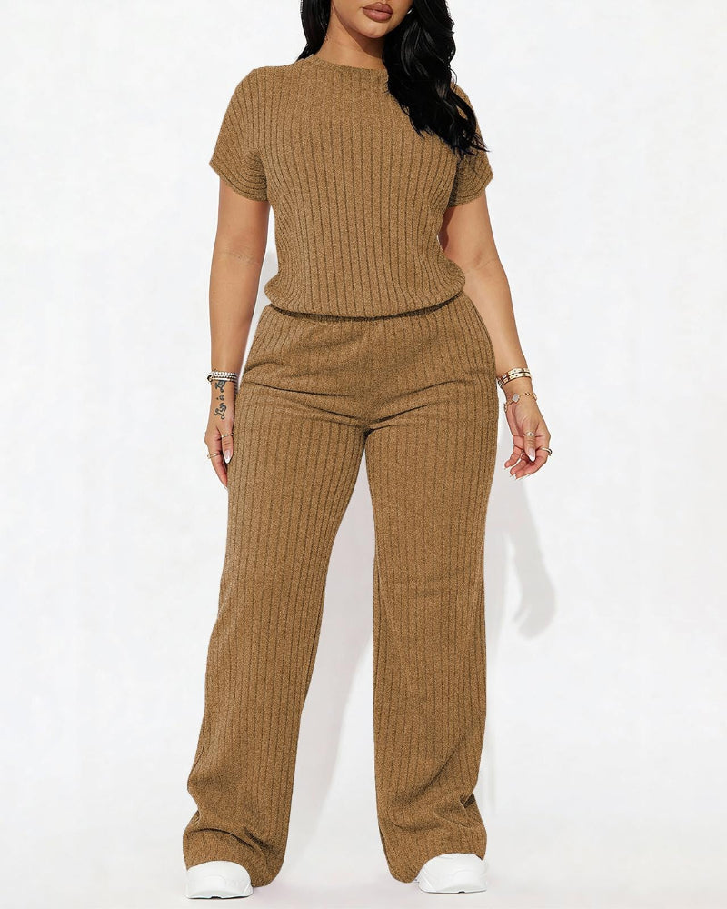 Women’s Ribbed Set – Top & Wide-Leg Pants, Casual Wear