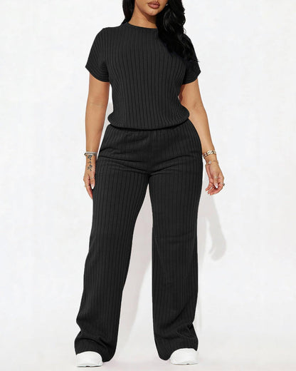 Women’s Ribbed Set – Top & Wide-Leg Pants, Casual Wear