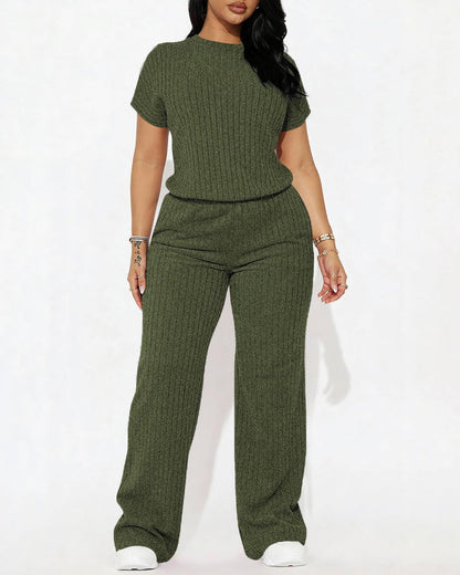 Women’s Ribbed Set – Top & Wide-Leg Pants, Casual Wear