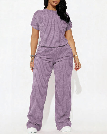 Women’s Ribbed Set – Top & Wide-Leg Pants, Casual Wear
