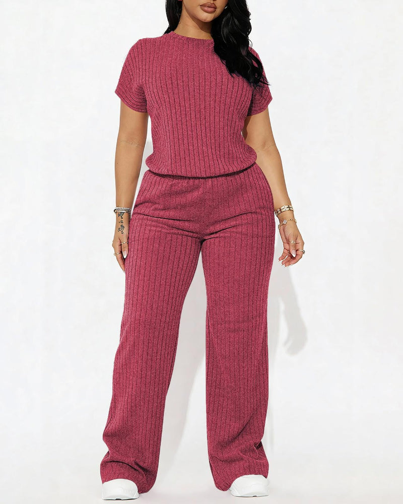 Women’s Ribbed Set – Top & Wide-Leg Pants, Casual Wear