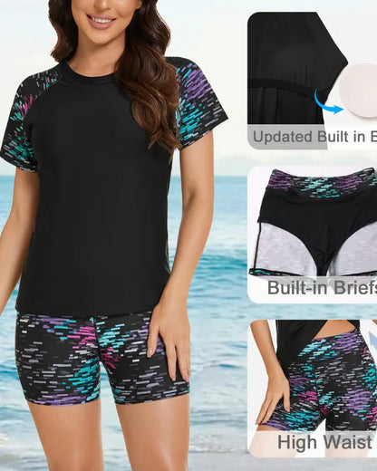Women’s 2-Piece Rash Guard Set, Short Sleeve UPF50+ Swimwear, Built-in Bra