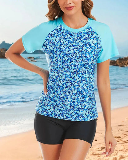 Women’s 2-Piece Rash Guard Set, Short Sleeve UPF50+ Swimwear, Built-in Bra