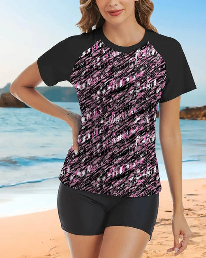 Women’s 2-Piece Rash Guard Set, Short Sleeve UPF50+ Swimwear, Built-in Bra