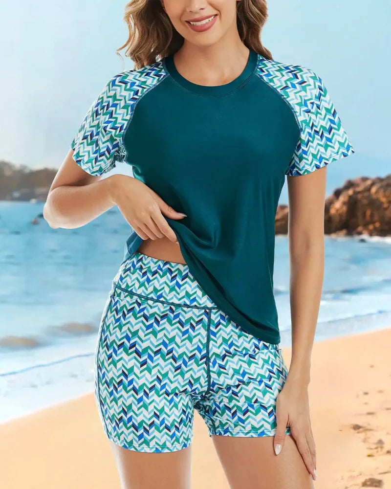 Women’s 2-Piece Rash Guard Set, Short Sleeve UPF50+ Swimwear, Built-in Bra