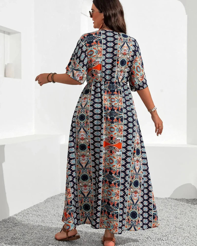 Plus Size Boho V-Neck Floral A-Line Dress