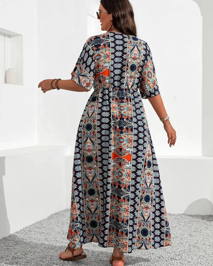 Plus Size Boho V-Neck Floral A-Line Dress