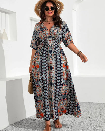 Plus Size Boho V-Neck Floral A-Line Dress