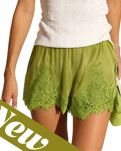 Women’s Silky Lace Trim Satin Lounge Shorts, Chic Style