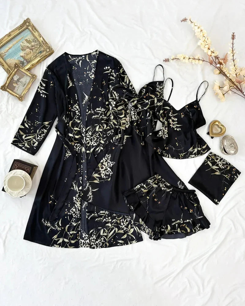 Women’s Satin Floral Pajama Set – Robe, Cami, Shorts, Soft Sleepwear Set