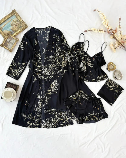 Women’s Satin Floral Pajama Set – Robe, Cami, Shorts, Soft Sleepwear Set