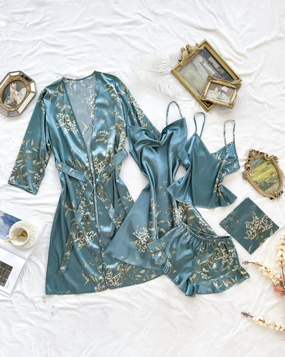 Women’s Satin Floral Pajama Set – Robe, Cami, Shorts, Soft Sleepwear Set