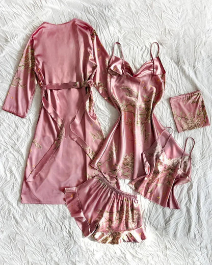 Women’s Satin Floral Pajama Set – Robe, Cami, Shorts, Soft Sleepwear Set