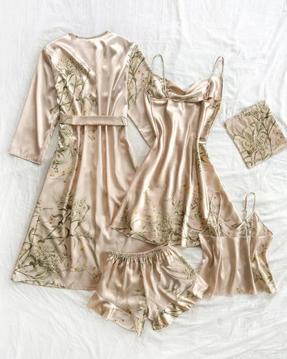 Women’s Satin Floral Pajama Set – Robe, Cami, Shorts, Soft Sleepwear Set
