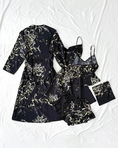 Women’s Satin Floral Pajama Set – Robe, Cami, Shorts, Soft Sleepwear Set