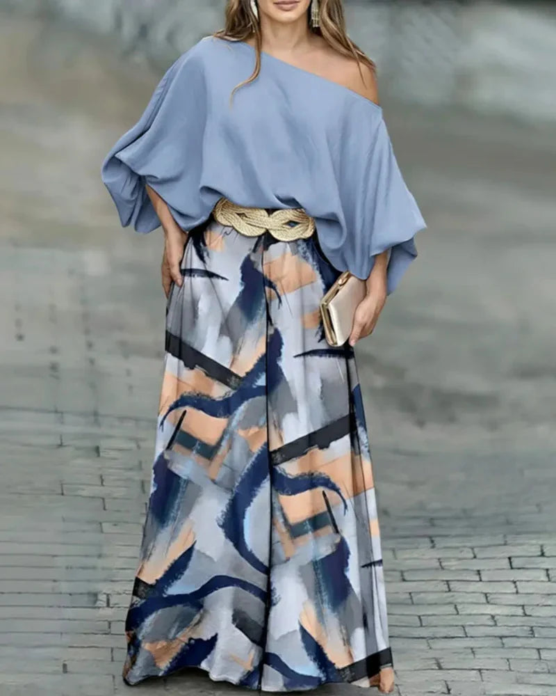 Skew Neck Set – Lantern Top & Wide Leg Pants