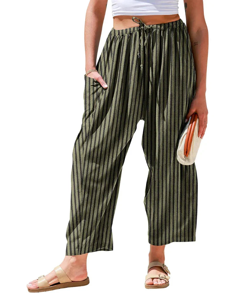 Linen Wide Leg Pants – Loose Fit, Printed, Pockets