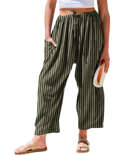 Linen Wide Leg Pants – Loose Fit, Printed, Pockets