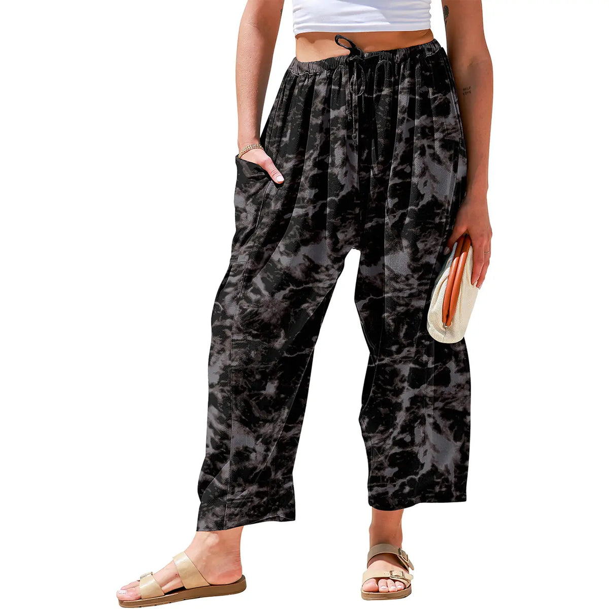 Linen Wide Leg Pants – Loose Fit, Printed, Pockets
