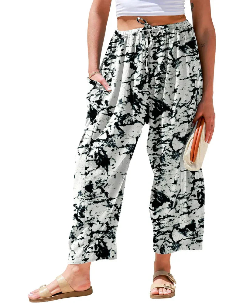 Linen Wide Leg Pants – Loose Fit, Printed, Pockets
