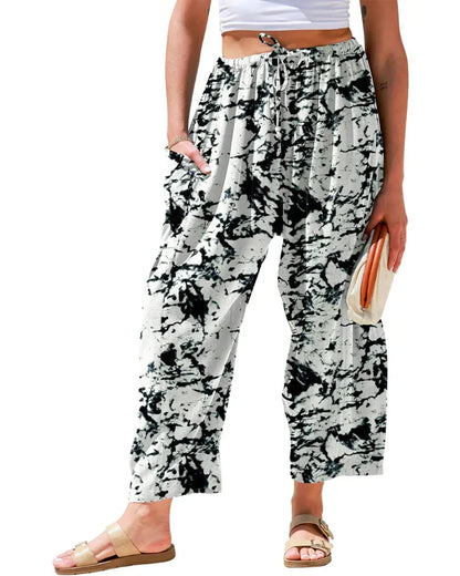 Linen Wide Leg Pants – Loose Fit, Printed, Pockets