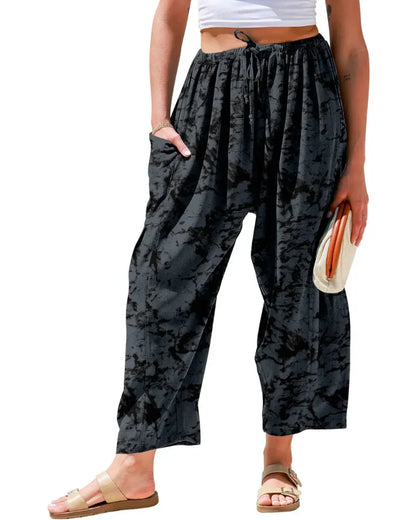 Linen Wide Leg Pants – Loose Fit, Printed, Pockets