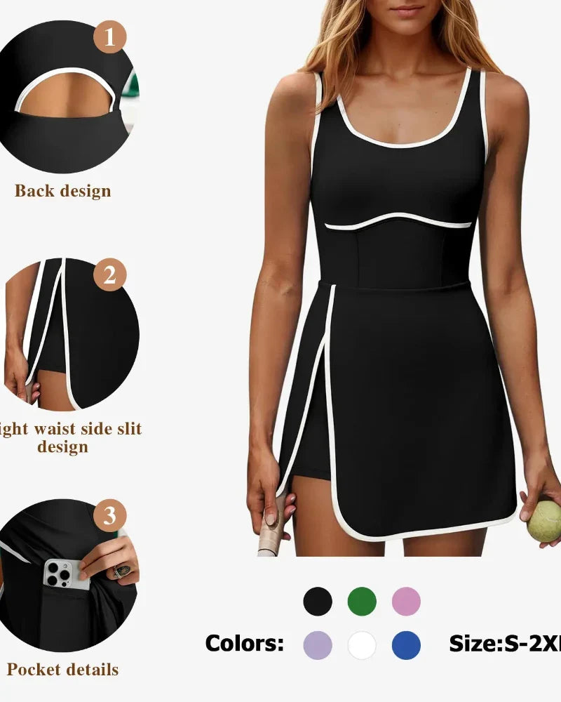 Women's Athletic Tennis Dress with Built-In Shorts & Pockets