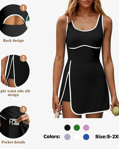 Women's Athletic Tennis Dress with Built-In Shorts & Pockets