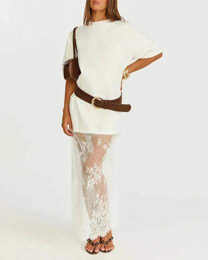 Women's Oversized T-Shirt Maxi Dress with Lace Hem and Drop Shoulders