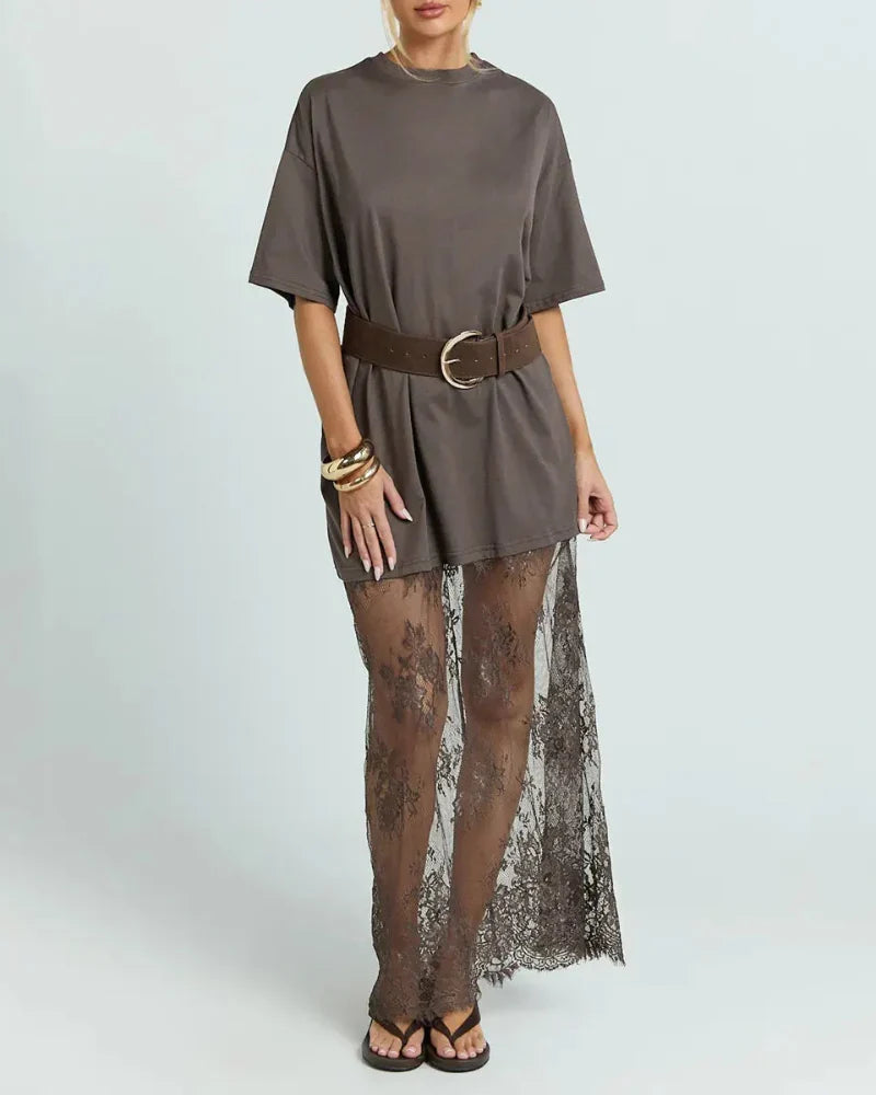 Women's Oversized T-Shirt Maxi Dress with Lace Hem and Drop Shoulders