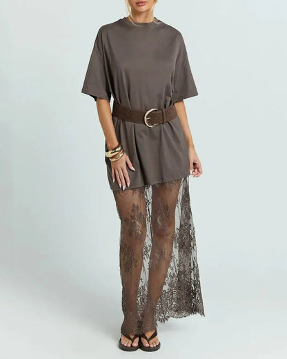 Women's Oversized T-Shirt Maxi Dress with Lace Hem and Drop Shoulders