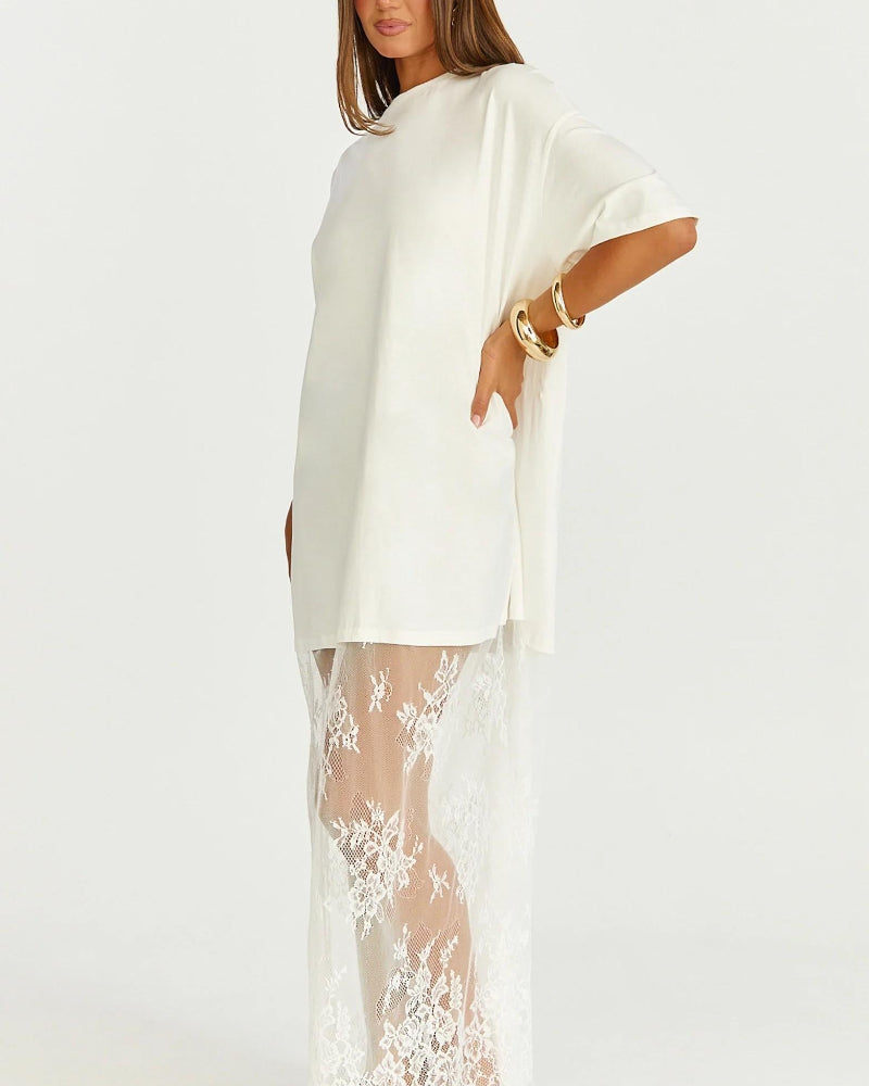 Women's Oversized T-Shirt Maxi Dress with Lace Hem and Drop Shoulders