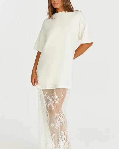 Women's Oversized T-Shirt Maxi Dress with Lace Hem and Drop Shoulders
