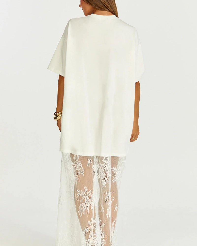 Women's Oversized T-Shirt Maxi Dress with Lace Hem and Drop Shoulders
