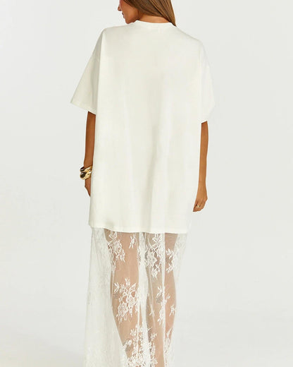 Women's Oversized T-Shirt Maxi Dress with Lace Hem and Drop Shoulders
