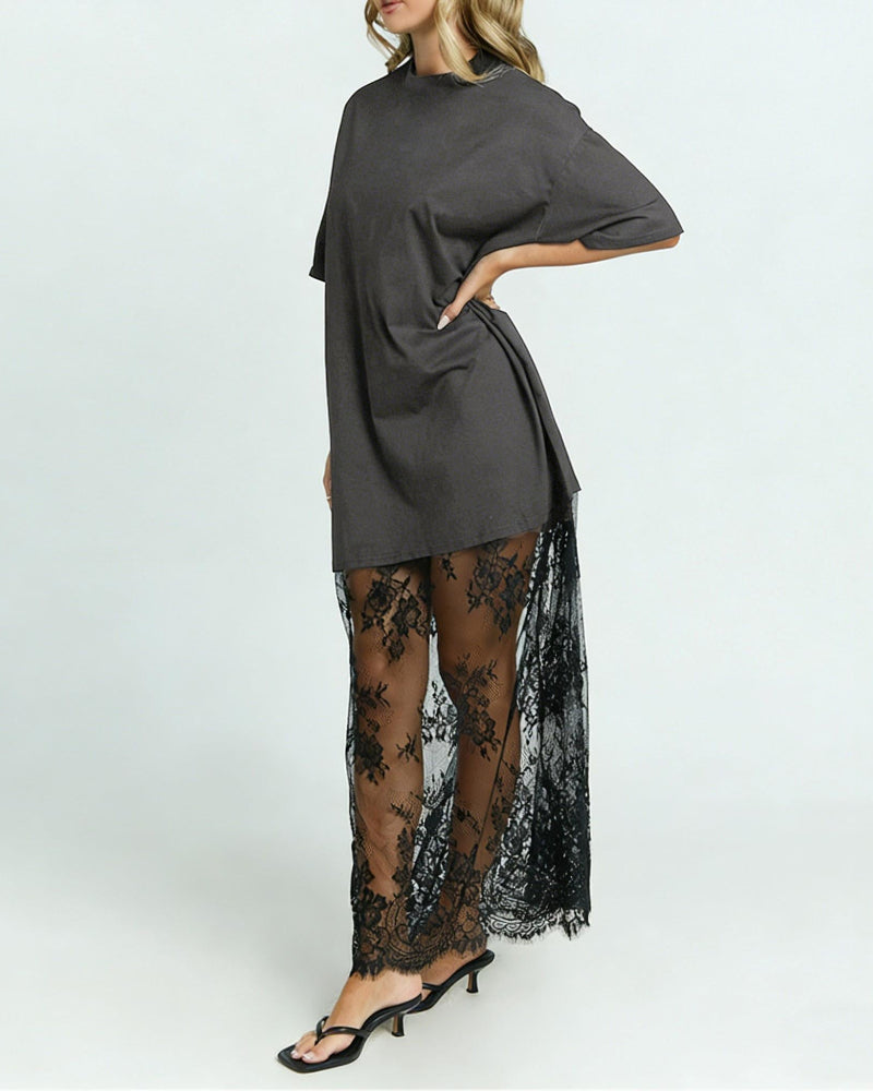 Women's Oversized T-Shirt Maxi Dress with Lace Hem and Drop Shoulders
