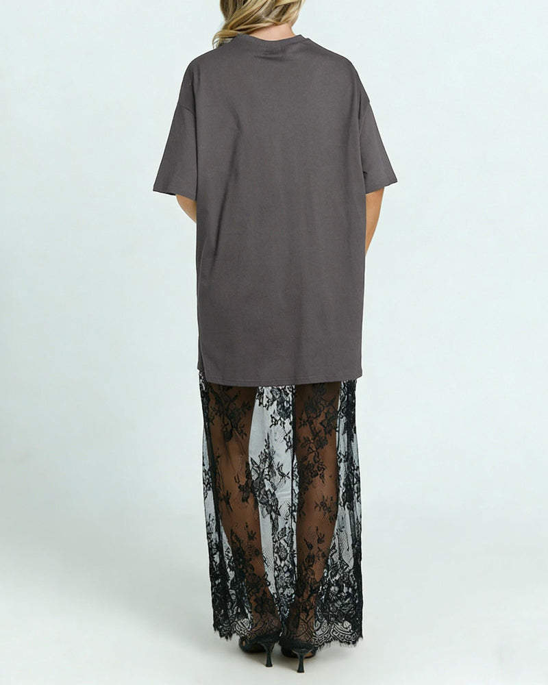 Women's Oversized T-Shirt Maxi Dress with Lace Hem and Drop Shoulders