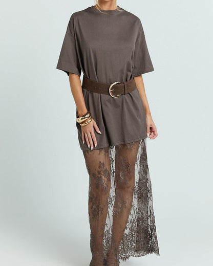 Women's Oversized T-Shirt Maxi Dress with Lace Hem and Drop Shoulders