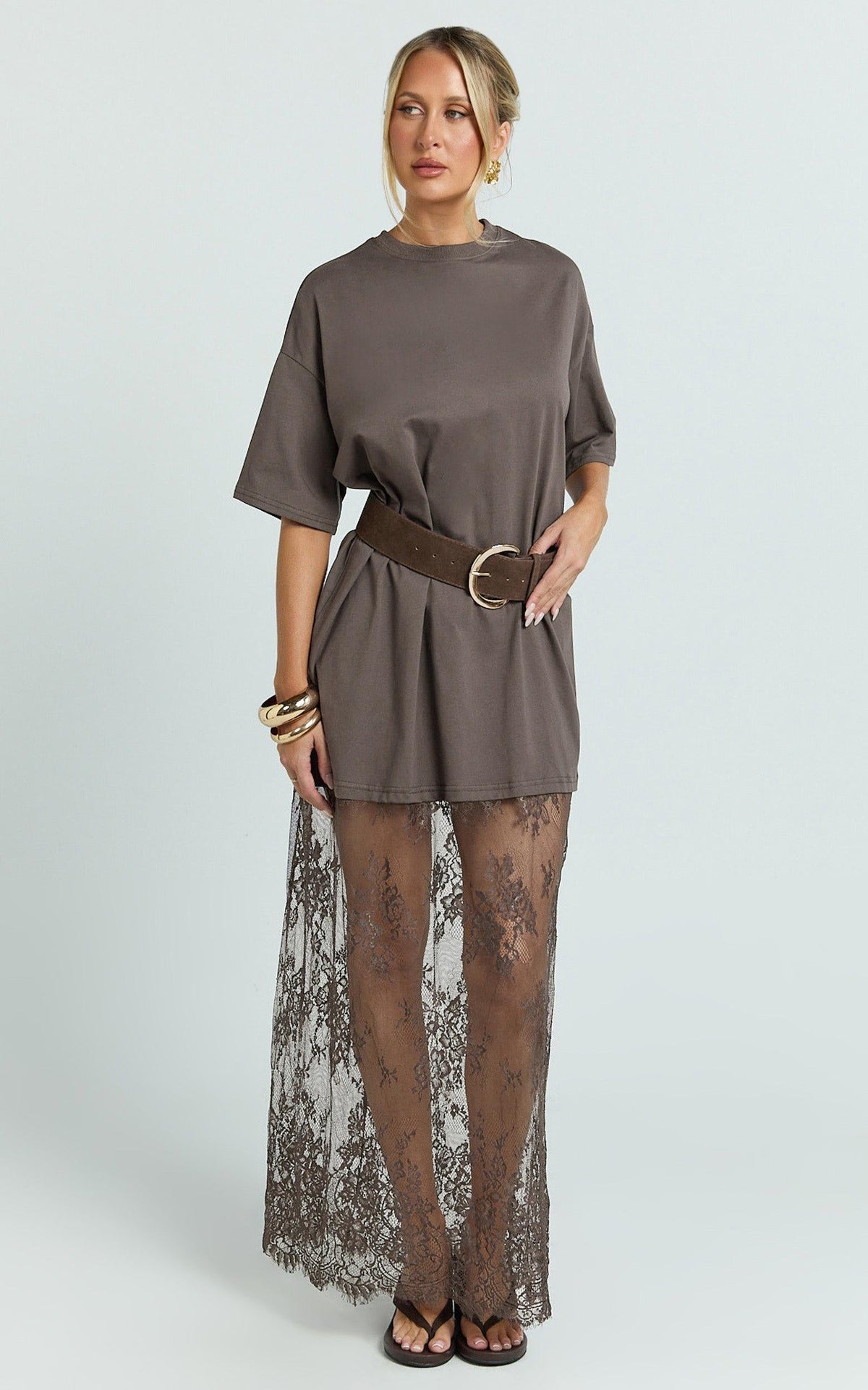 Women's Oversized T-Shirt Maxi Dress with Lace Hem and Drop Shoulders