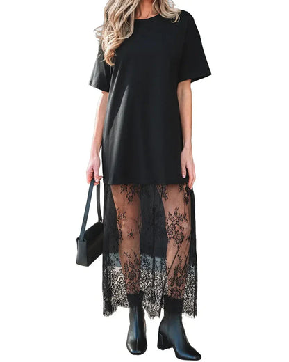 Women's Oversized T-Shirt Maxi Dress with Lace Hem and Drop Shoulders
