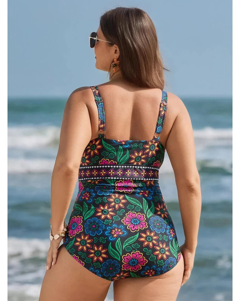 Two-Piece Floral Print Ruched Mesh Swimsuit, Sarong