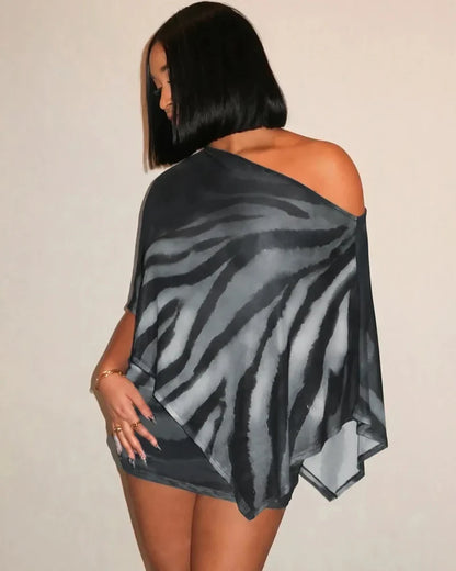 Animal Print Top & Skirt Set, Lightweight Casual Outfit