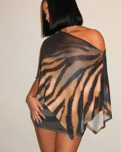 Animal Print Top & Skirt Set, Lightweight Casual Outfit