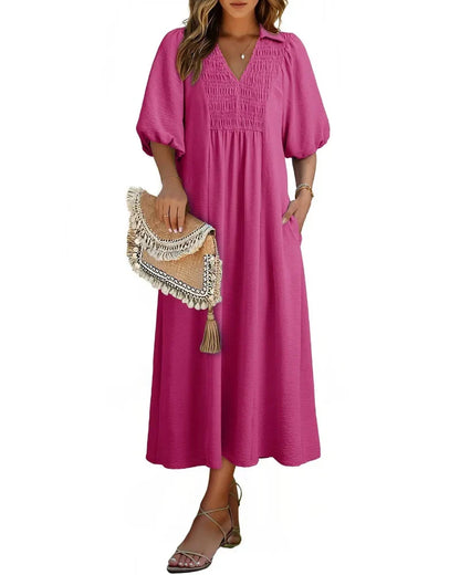 Women’s V-Neck Puff Sleeve Empire Waist A-Line Maxi Dress