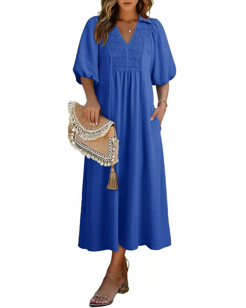 Women’s V-Neck Puff Sleeve Empire Waist A-Line Maxi Dress