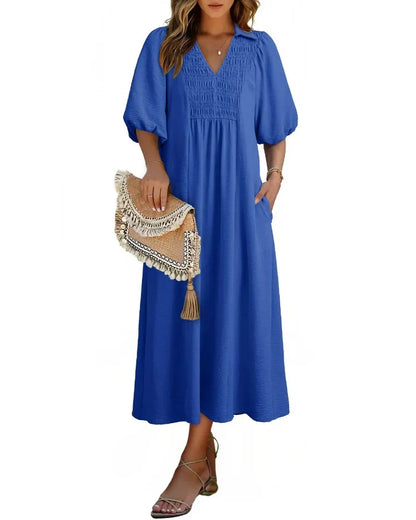 Women’s V-Neck Puff Sleeve Empire Waist A-Line Maxi Dress