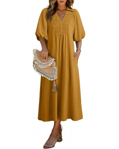 Women’s V-Neck Puff Sleeve Empire Waist A-Line Maxi Dress