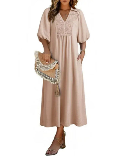 Women’s V-Neck Puff Sleeve Empire Waist A-Line Maxi Dress